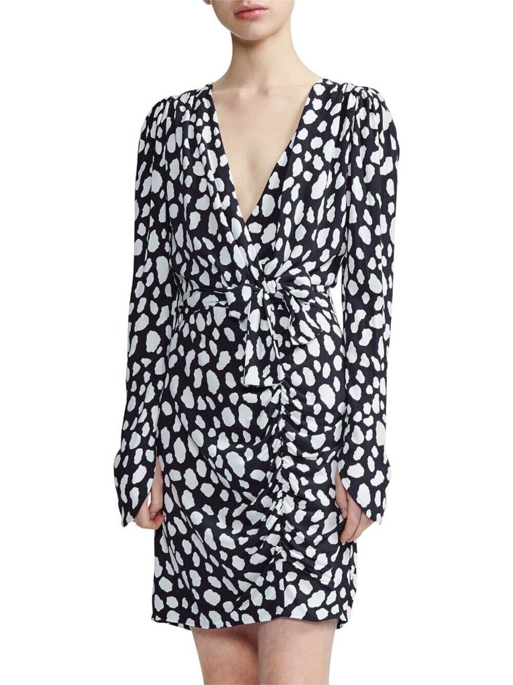 MAJE Rosima Black White Dot Crepe Ruched Long Sleeve Wrap Mini Dress, Size 1/S